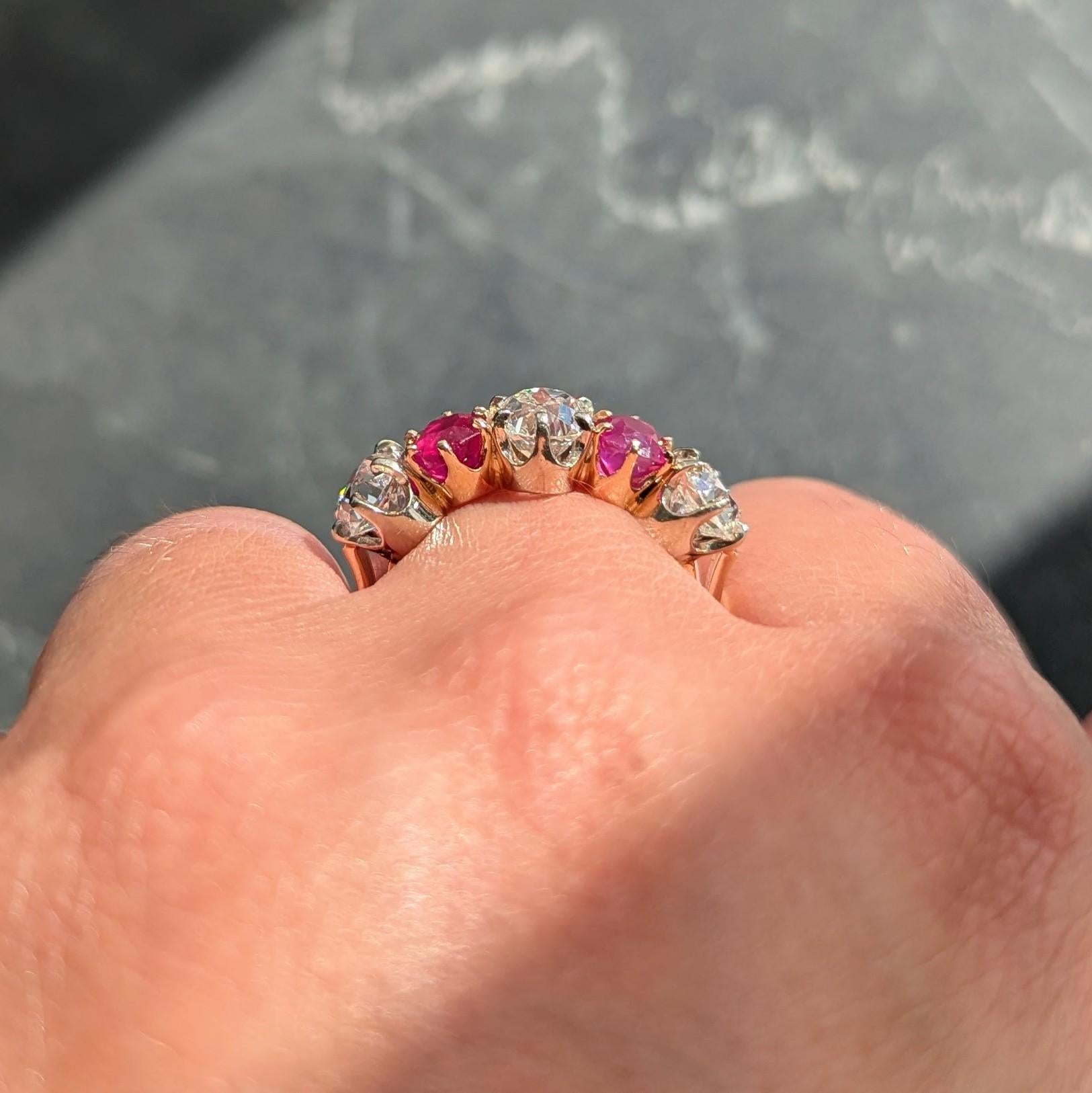 Victorian 3.62 CTW Ruby Old Mine Cut Diamond 14K Gold Antique Band Ring