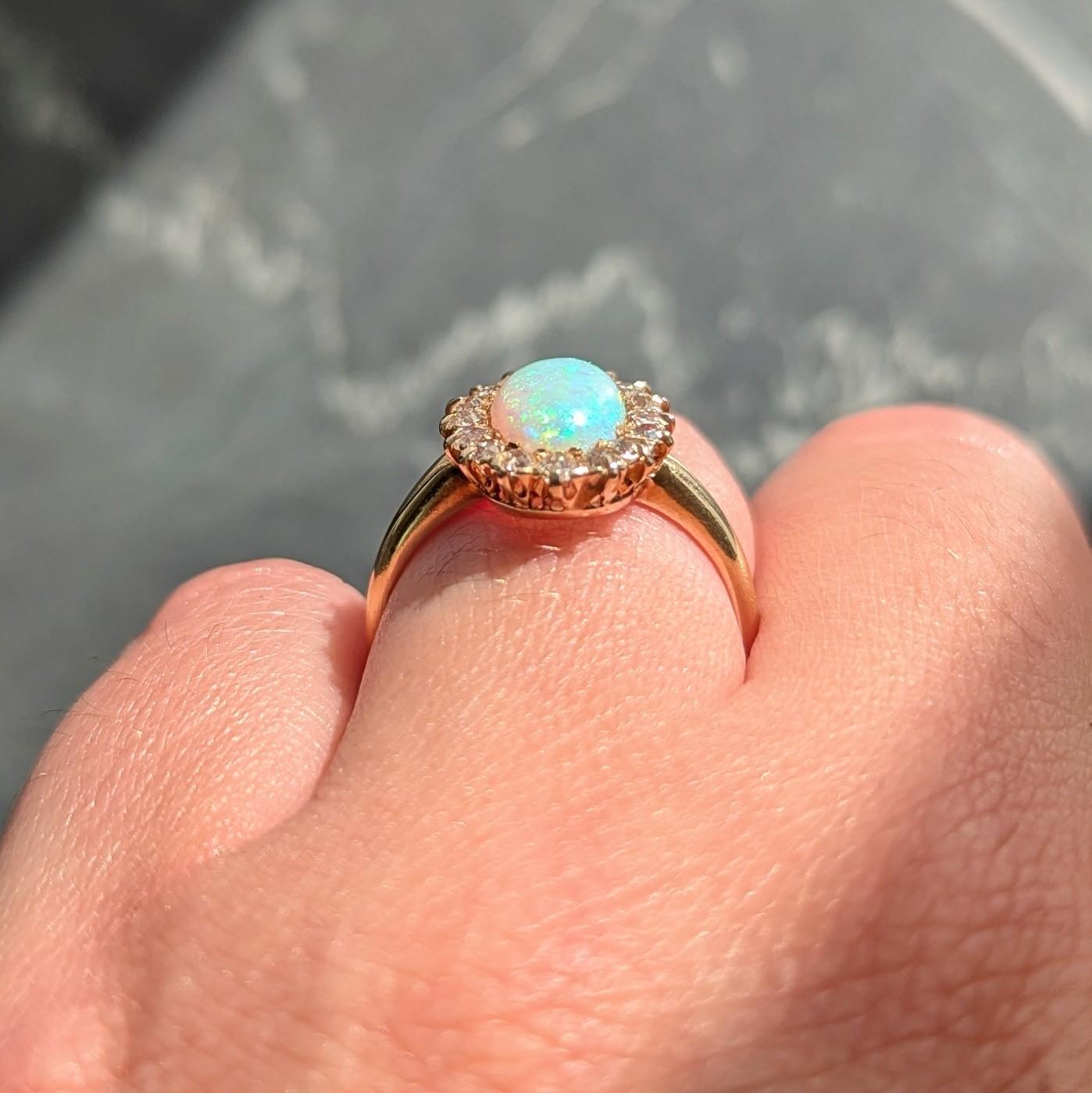 Edwardian Opal Diamond 14 Karat Yellow Gold Antique Halo Ring