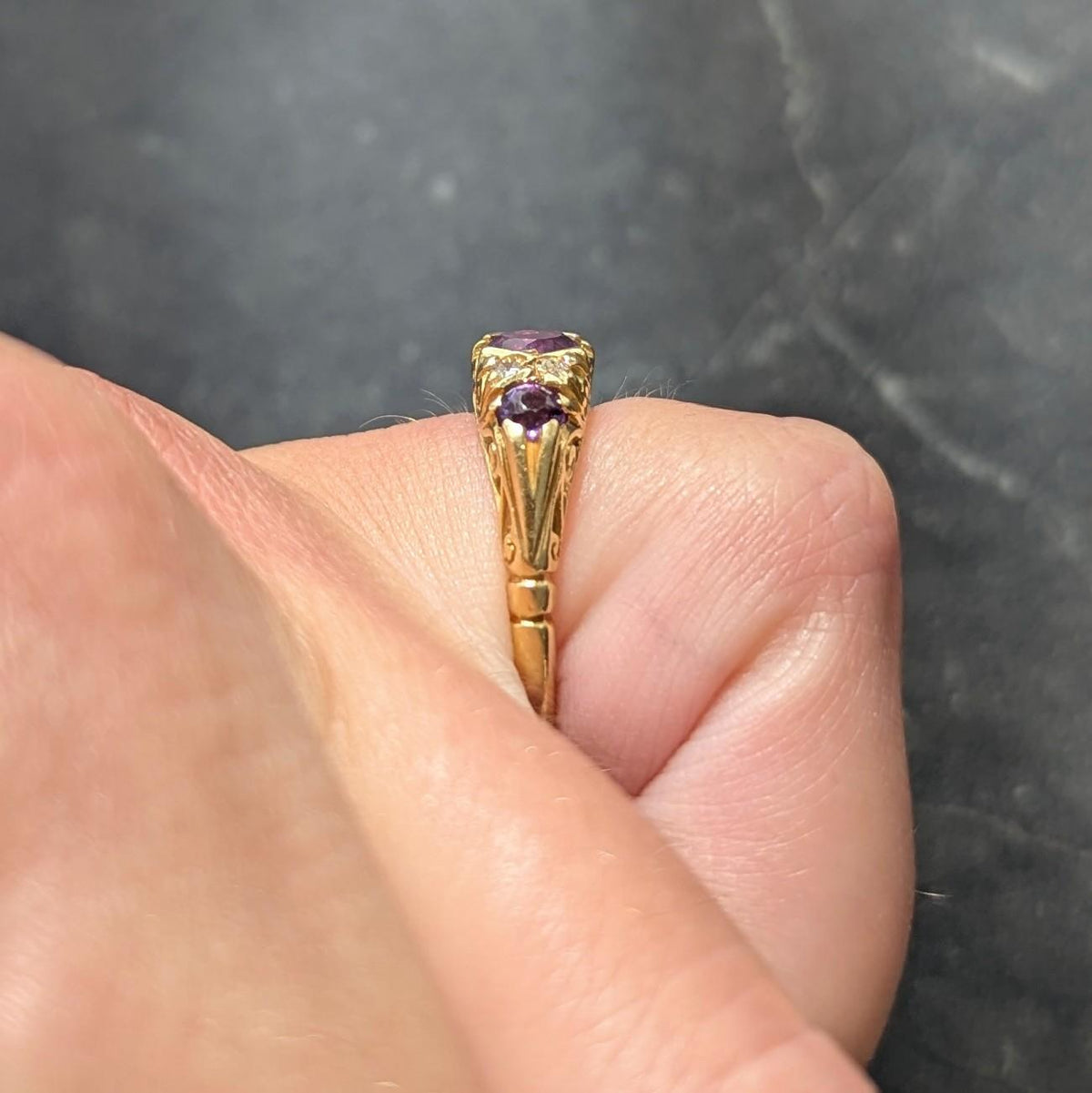 1960s Amethyst Diamond 18 Karat Yellow Gold Vintage Scrolling Ring