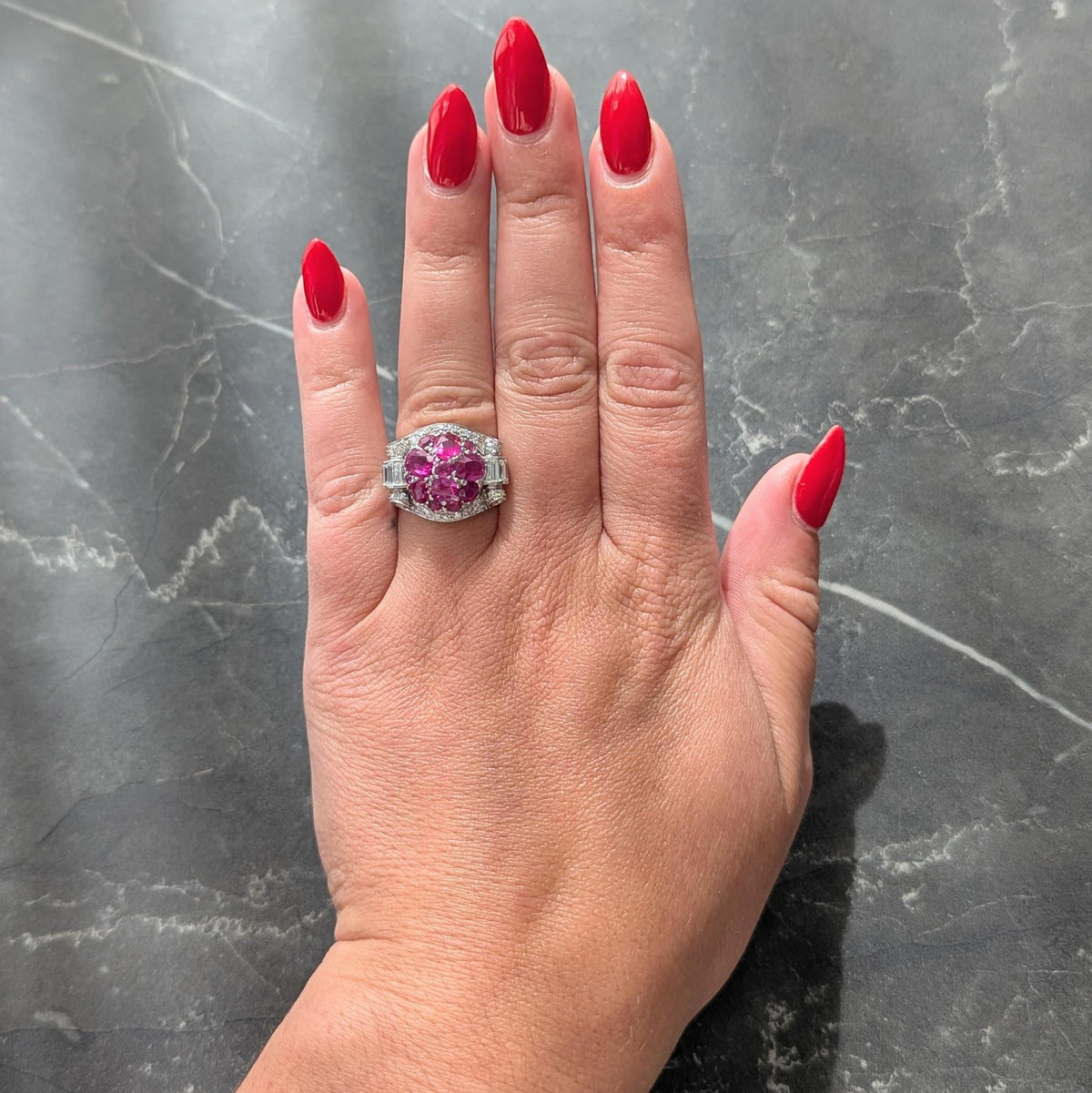 Mid-Century 5.29 CTW Ruby Diamond Platinum Vintage Scrolling Cluster Ring