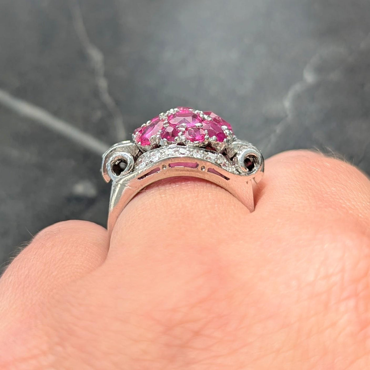 Mid-Century 5.29 CTW Ruby Diamond Platinum Vintage Scrolling Cluster Ring