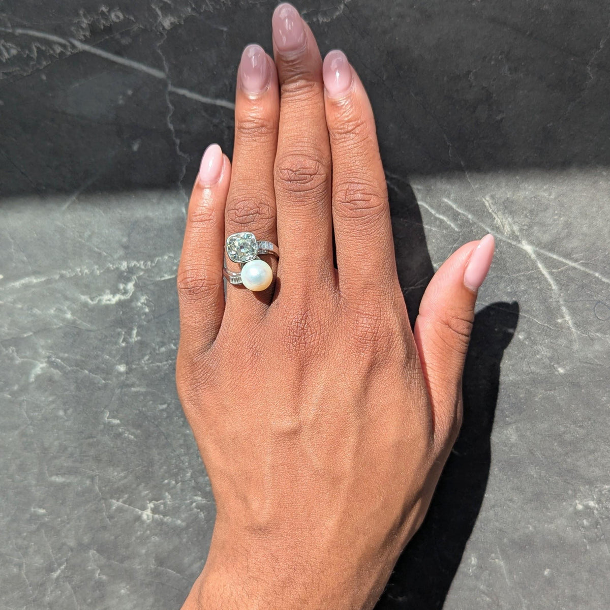 Mid-Century 3.52 CTW Diamond Natural Pearl Platinum Toi-Et-Moi Vintage Ring GIA