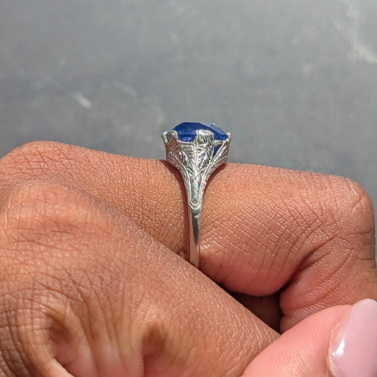 Art Deco 4.43 CTW No Heat Ceylon Sapphire Platinum Foliate Vintage Ring GIA