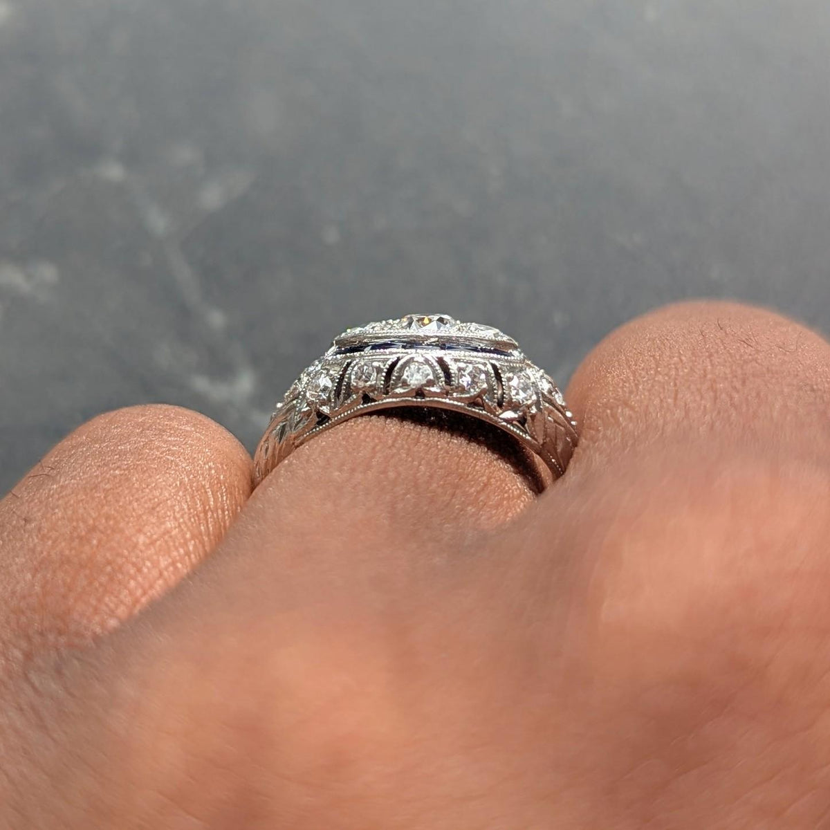 Katz Ogush Art Deco European Diamond Platinum Vintage Foliate Bombé Dinner Ring