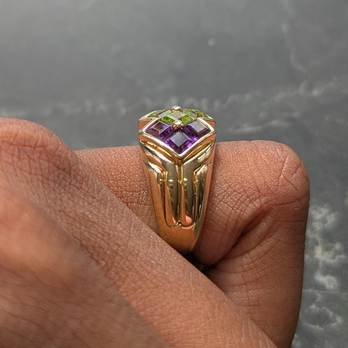 Bulgari 1980 Amethyst Peridot Tourmaline 18K Yellow Gold Vintage Statement Ring