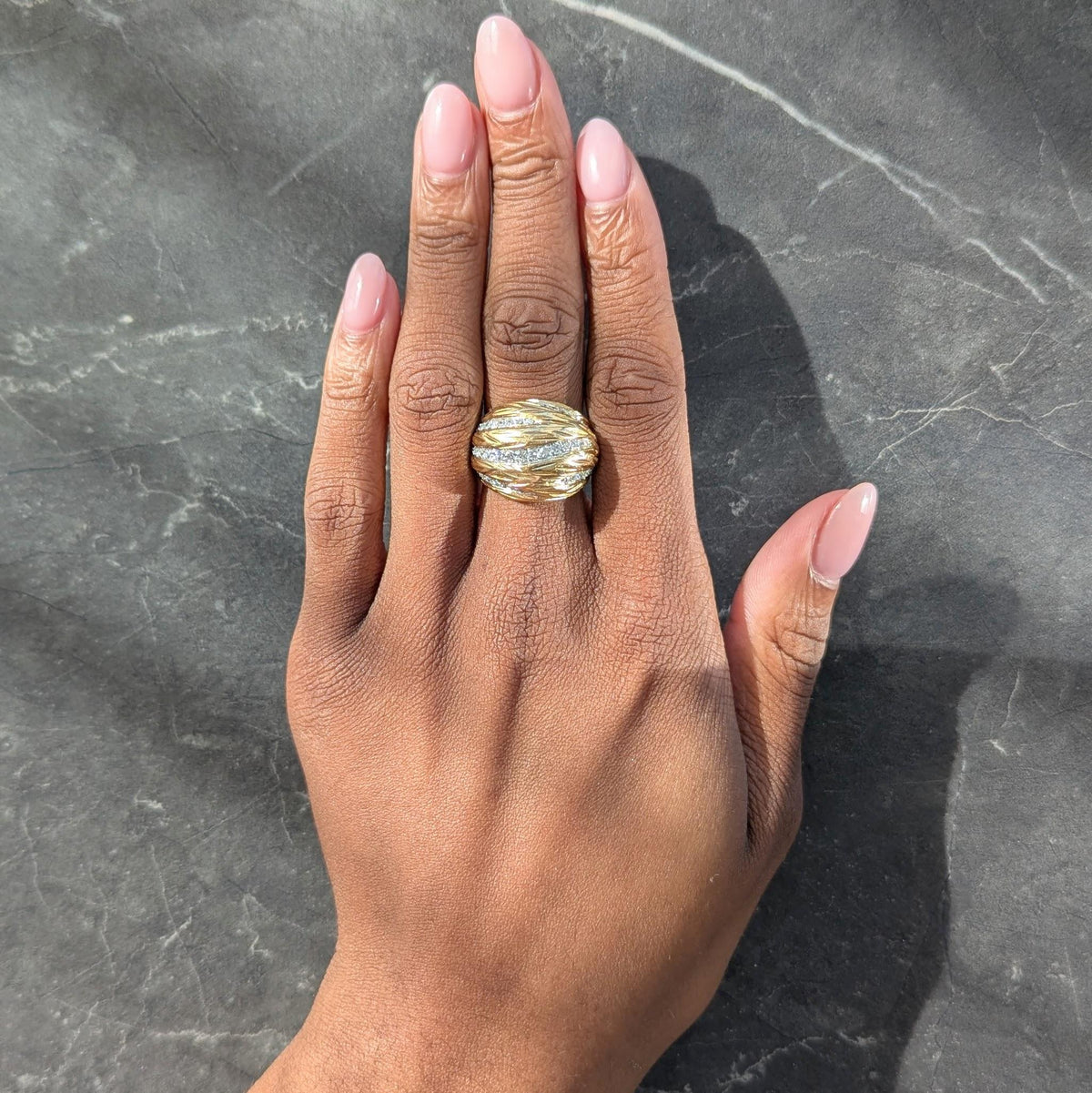 Mauboussin Paris 1960's Diamond 18 Karat Yellow Gold Platinum Vintage Dome Ring