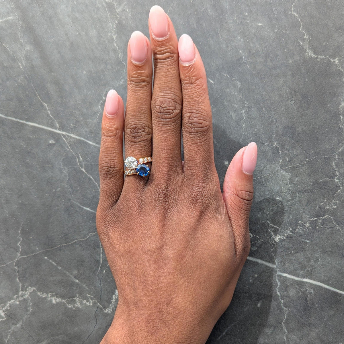 Tiffany & Co. No Heat Yogo Montana Sapphire Diamond 18K Antique Toi-Et-Moi Ring