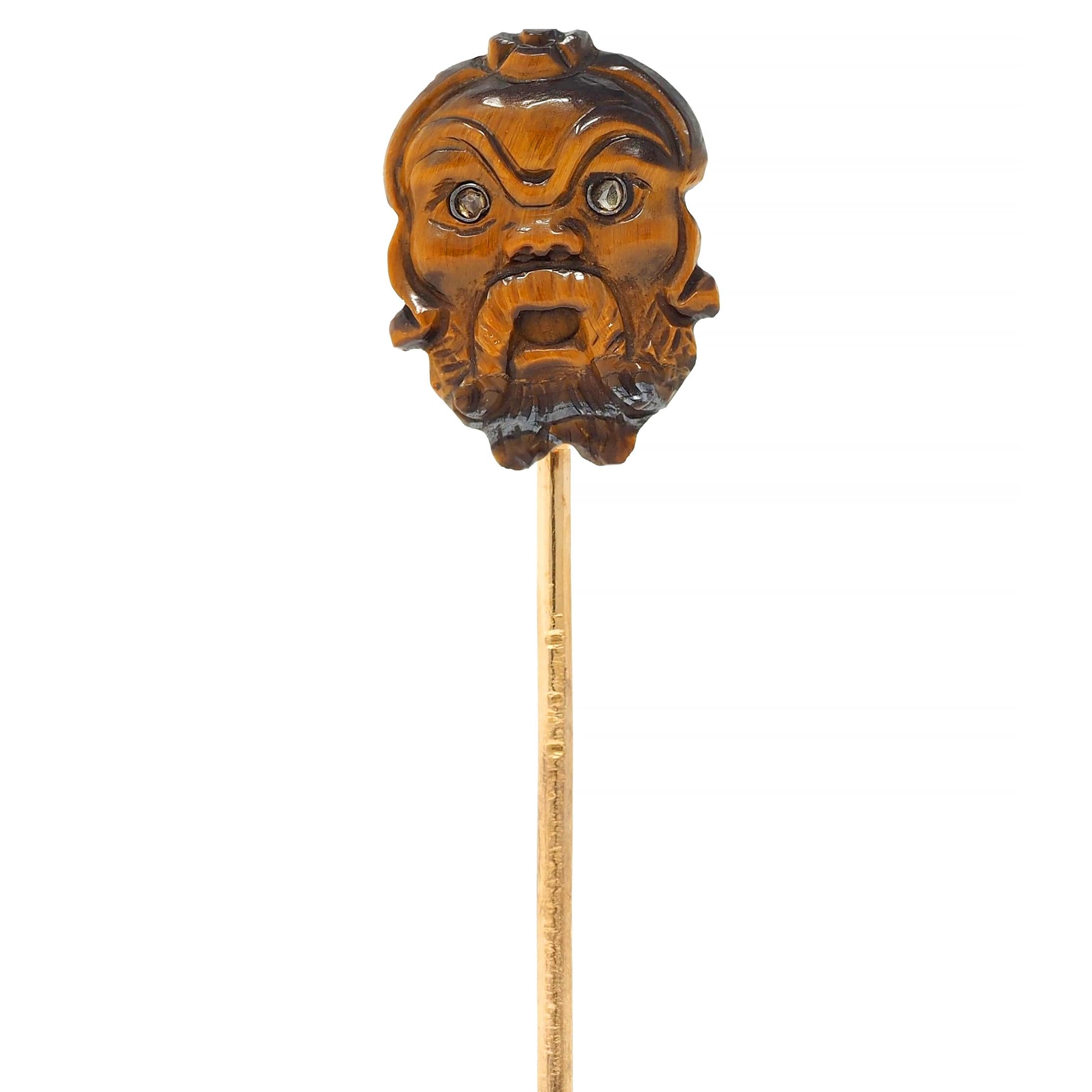 Victorian Tiger's Eye Diamond 14K Gold Antique Japanese Kabuki Mask Stickpin