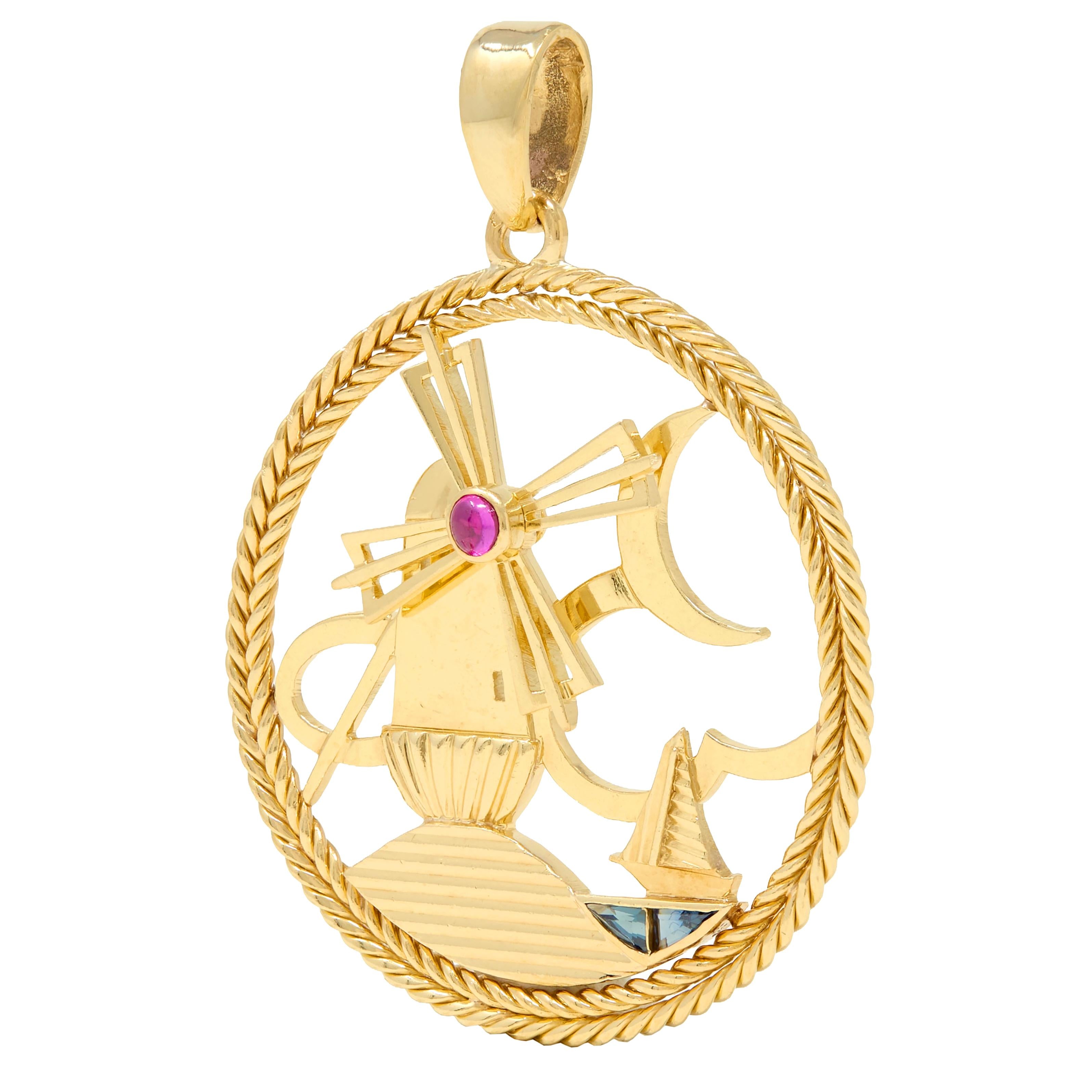Regner Paris French 1960's Ruby Sapphire 18K Gold Vintage Windmill Boat Charm