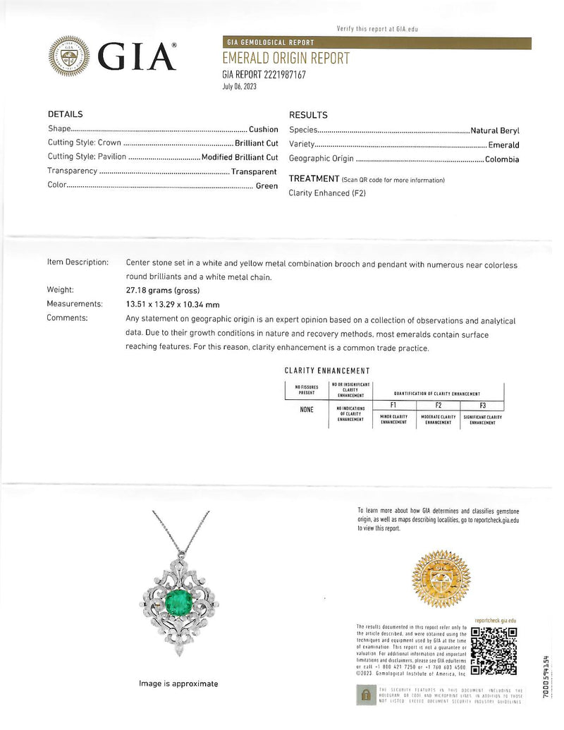 Edwardian 12.53 CTW Colombian Emerald Diamond Platinum 18 Karat Gold Scroll Antique Brooch Pendant Necklace Wilson's Estate Jewelry
