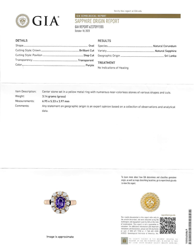 Victorian 1.78 CTW No Heat Ceylon Purple Sapphire 18 Karat Yellow Gold Antique Halo Ring GIA Wilson's Estate Jewelry