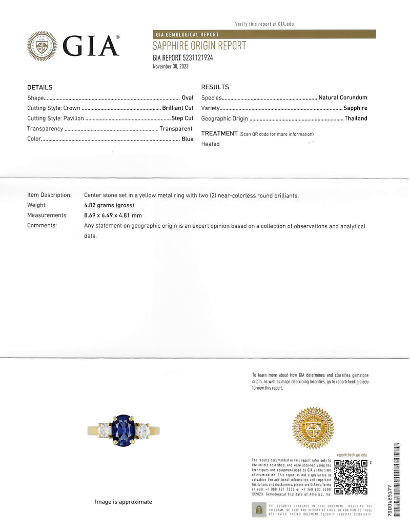 Vintage 2.32 CTW Sapphire Diamond 18 Karat Yellow Gold Three Stone Ring GIA Wilson's Estate Jewelry