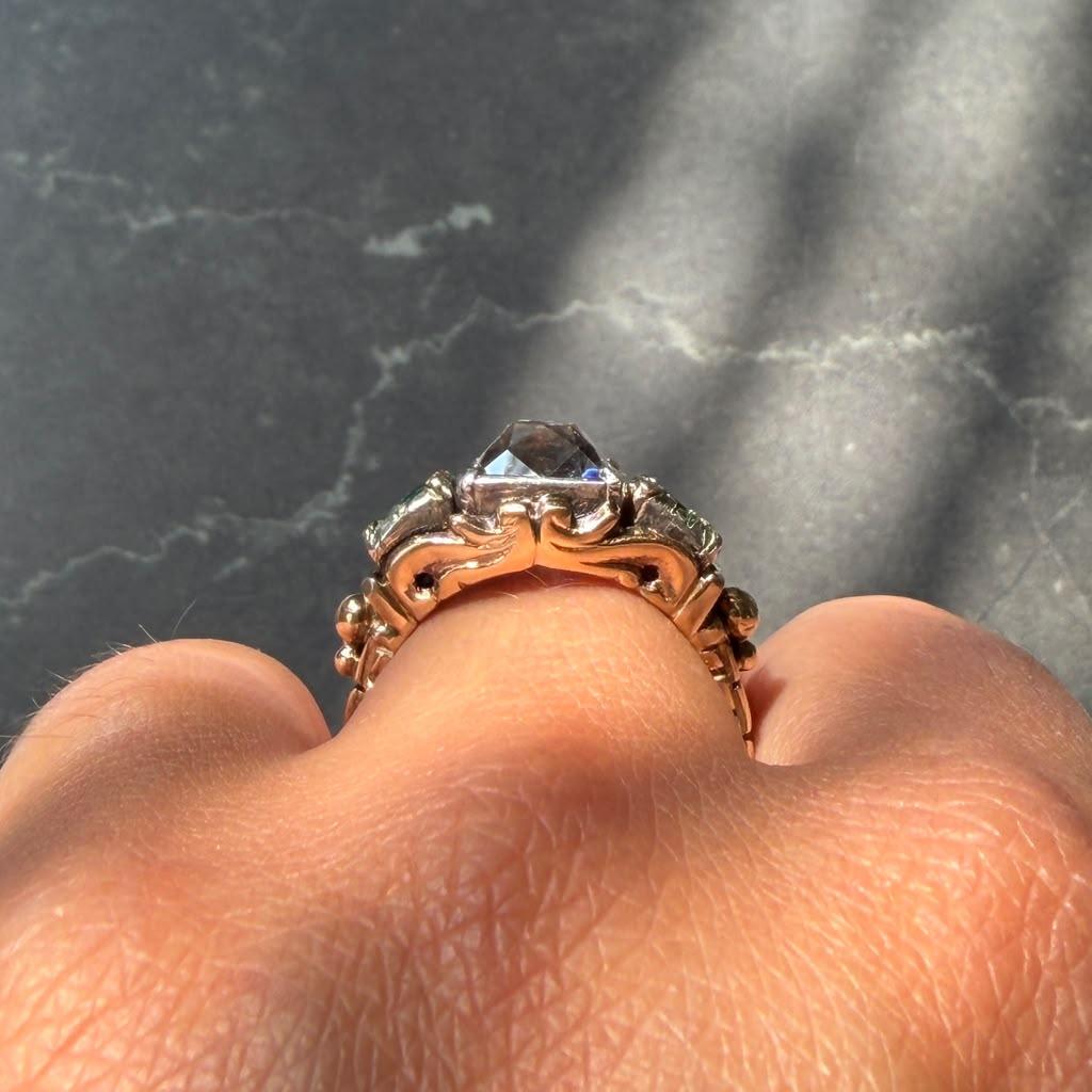 Early Victorian 3.92 CTW Peruzzi Cut Diamond Emerald 18 Karat Gold Antique Ring