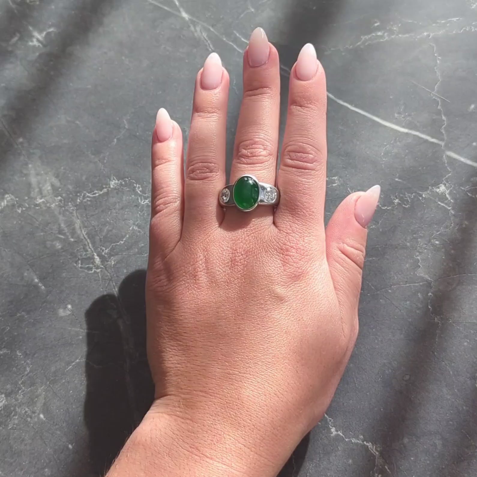 Contemporary Jade Diamond Platinum Three Stone Unisex Men's Bezel Ring