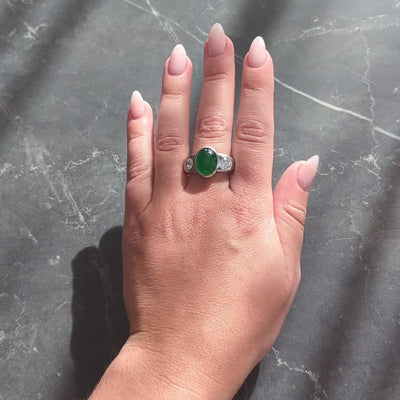 Contemporary Jade Diamond Platinum Three Stone Unisex Men's Bezel Ring