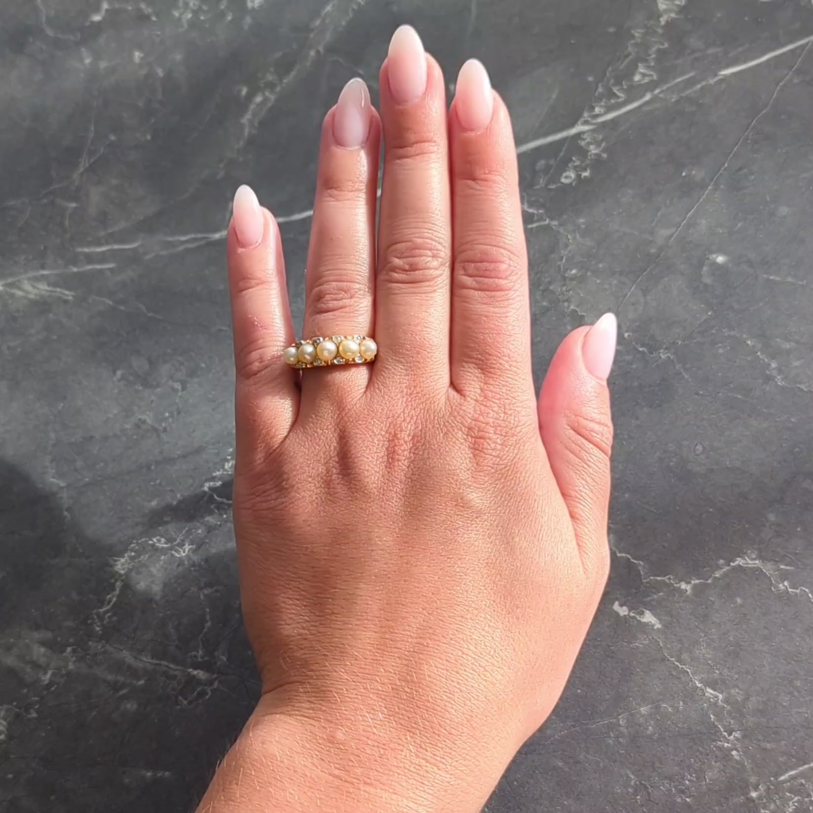 Art Nouveau Pearl Diamond 18 Karat Yellow Gold Antique Scrolling Band Ring
