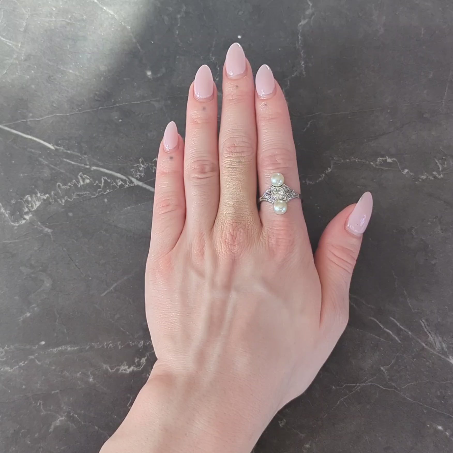 Art Deco Diamond Pearl 14 Karat White Gold Vintage Foliate Navette Dinner Ring