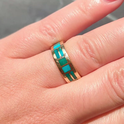 Zuni Sheldon & Nancy Westika 1981 Turquoise 14K Gold Vintage Inlay Band Ring