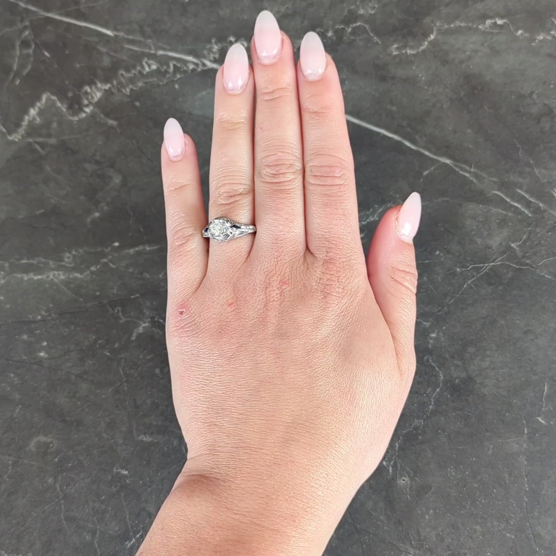 Art Deco European Cut Diamond 18 Karat White Gold Vintage Scroll Engagement Ring