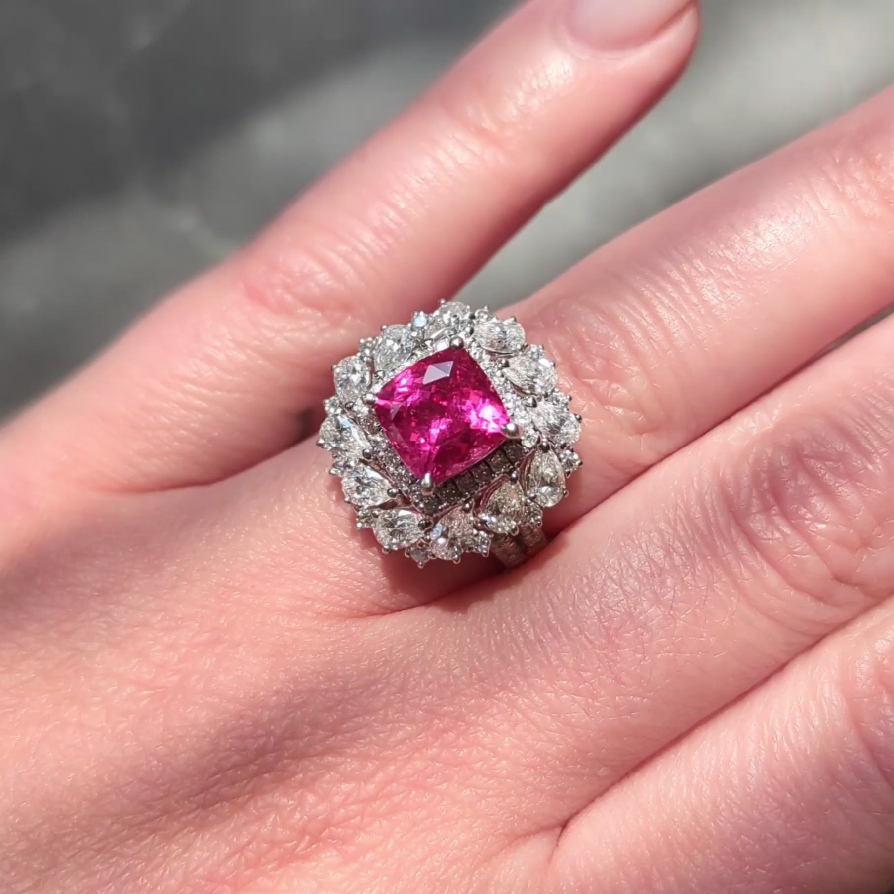 Contemporary No Heat Red Pink Spinel Diamond 18 Karat White Gold Cluster Ring