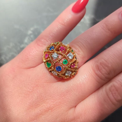French Diamond Emerald Ruby Sapphire 18K Yellow Gold Platinum Vintage Dome Ring