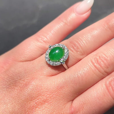 Mid-Century Jade Diamond Platinum Vintage Halo Cocktail Ring