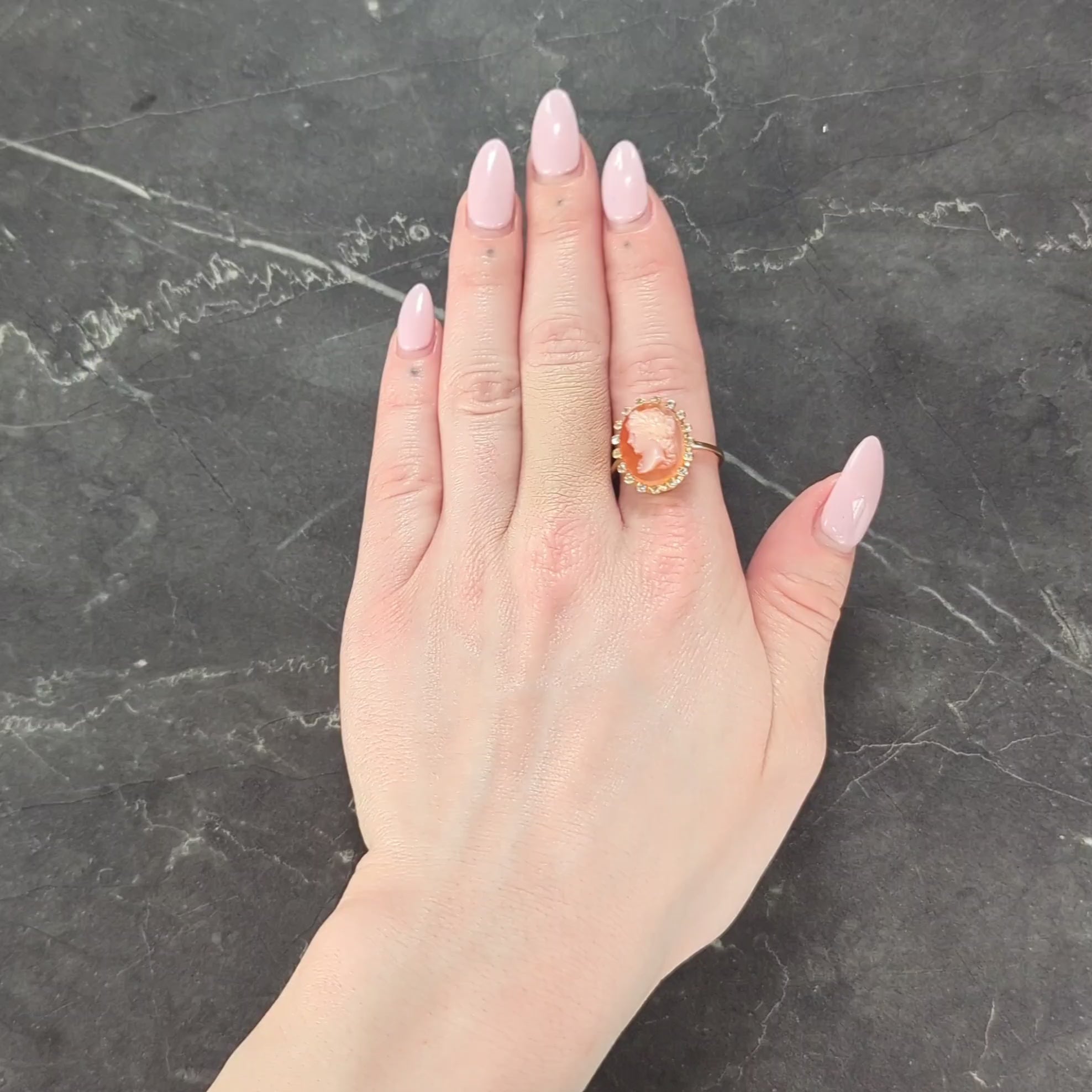 1990's Diamond Carved Shell 18 Karat Yellow Gold Vintage Cameo Halo Ring