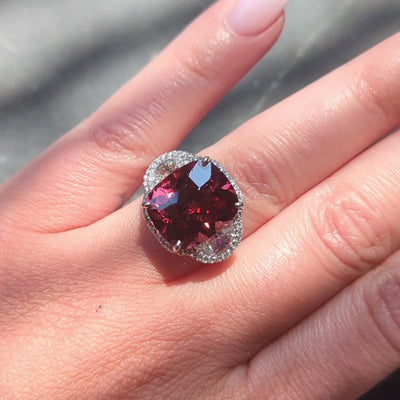 Diamond Rubellite Tourmaline Platinum Contemporary Three Stone Halo Ring