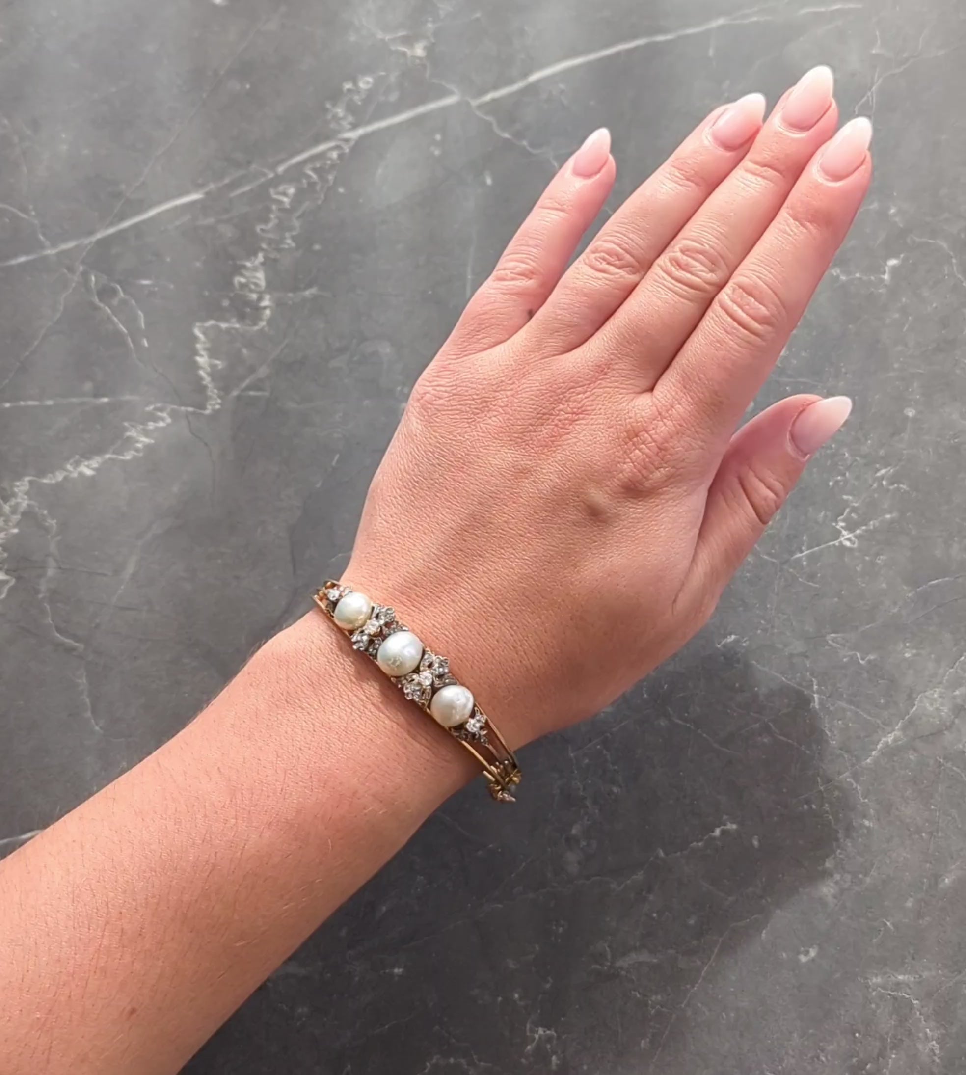 Victorian Diamond Pearl 14 Karat Yellow Gold Silver Antique Bangle Bracelet