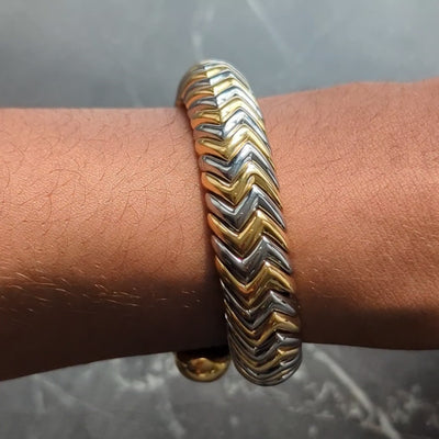 Bulgari 18K Yellow Gold Stainless Steel Spiga Chevron Vintage Bangle Bracelet