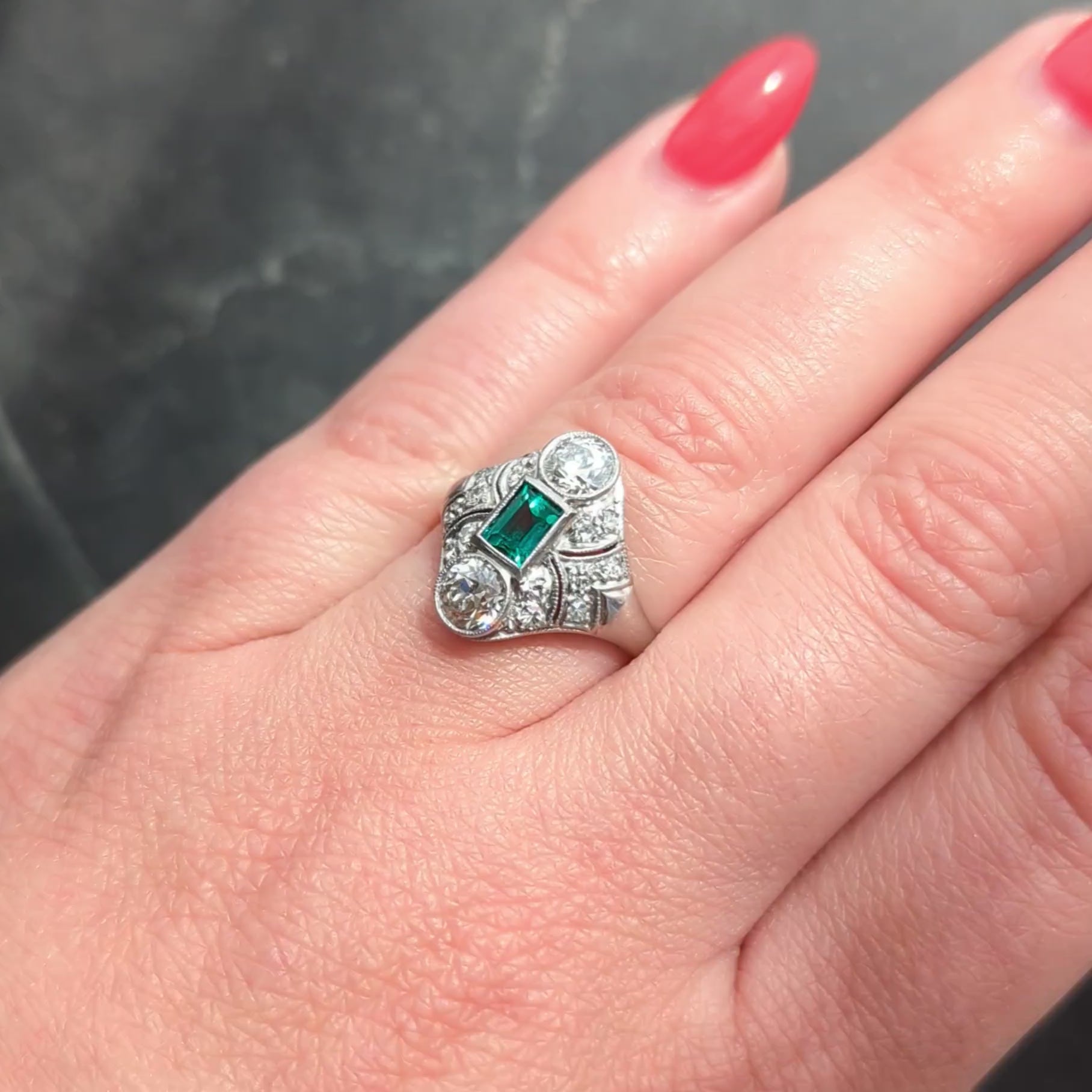 Art Deco 1.75 CTW Emerald Diamond Platinum Vintage Navette Dinner Ring