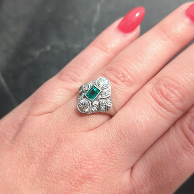 Art Deco 1.75 CTW Emerald Diamond Platinum Vintage Navette Dinner Ring