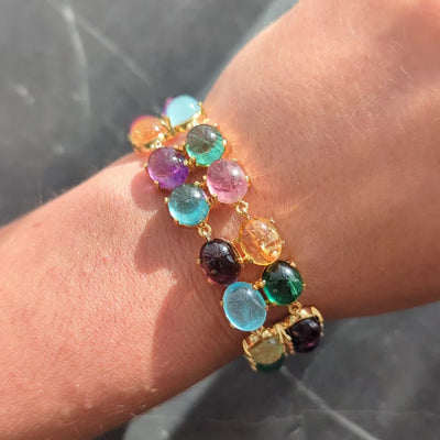 2000's Multi-Gem 14 Karat Yellow Gold Vintage Cabochon Link Bracelet