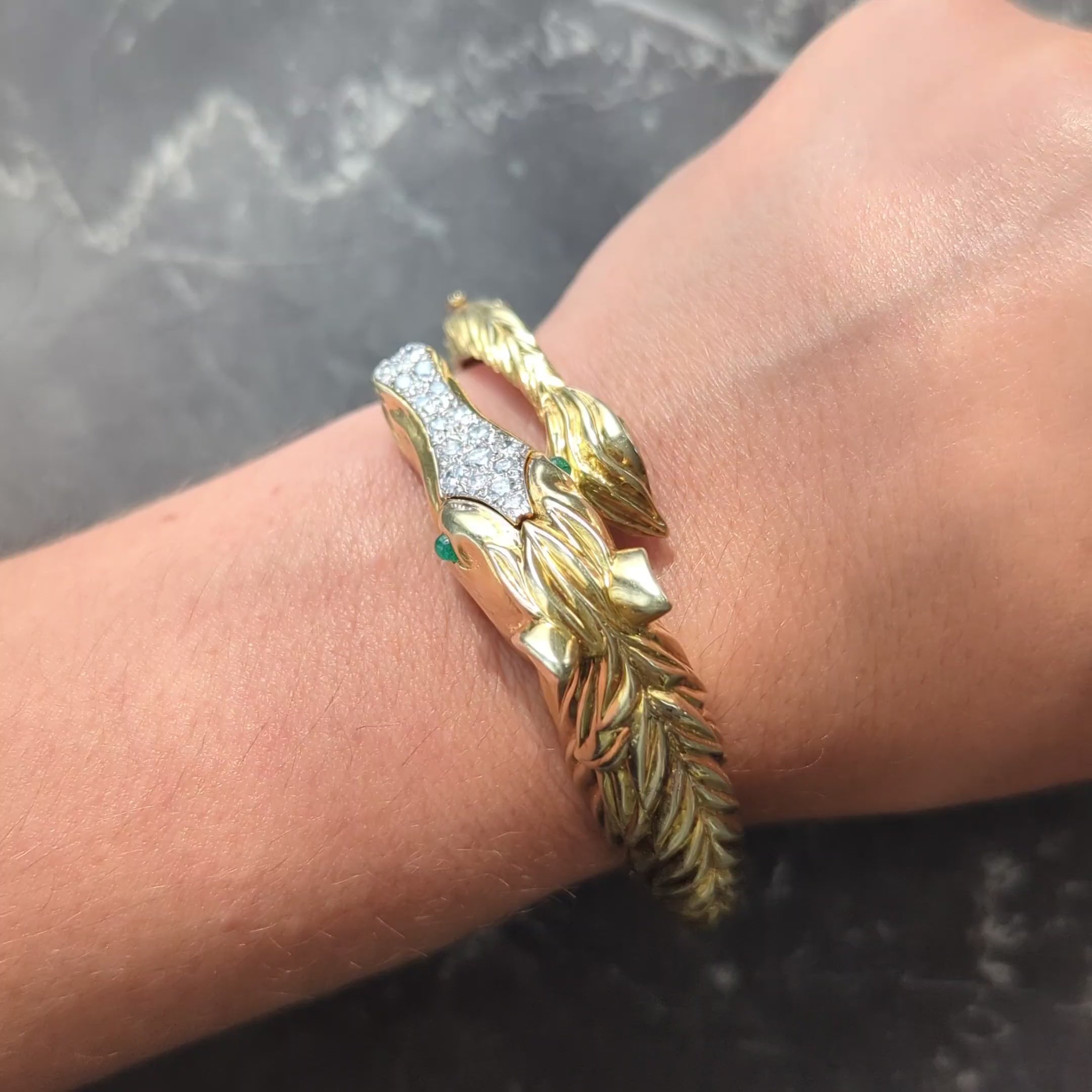 La Triomphe 1980 Emerald Diamond 14K Gold Platinum Vintage Horse Bypass Bracelet