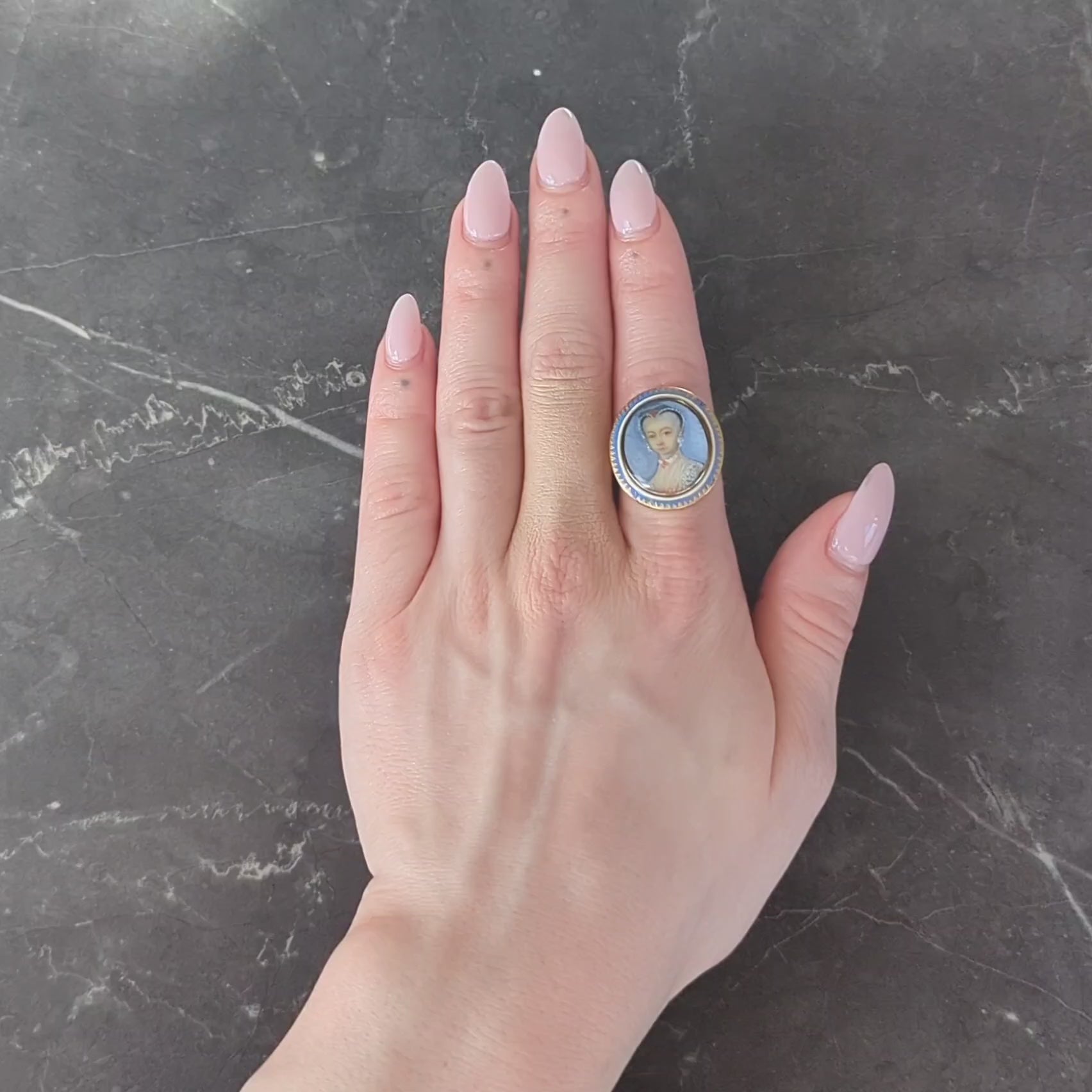 Georgian Enamel 14 Karat Yellow Gold Painted Lady Antique Portrait Signet Ring