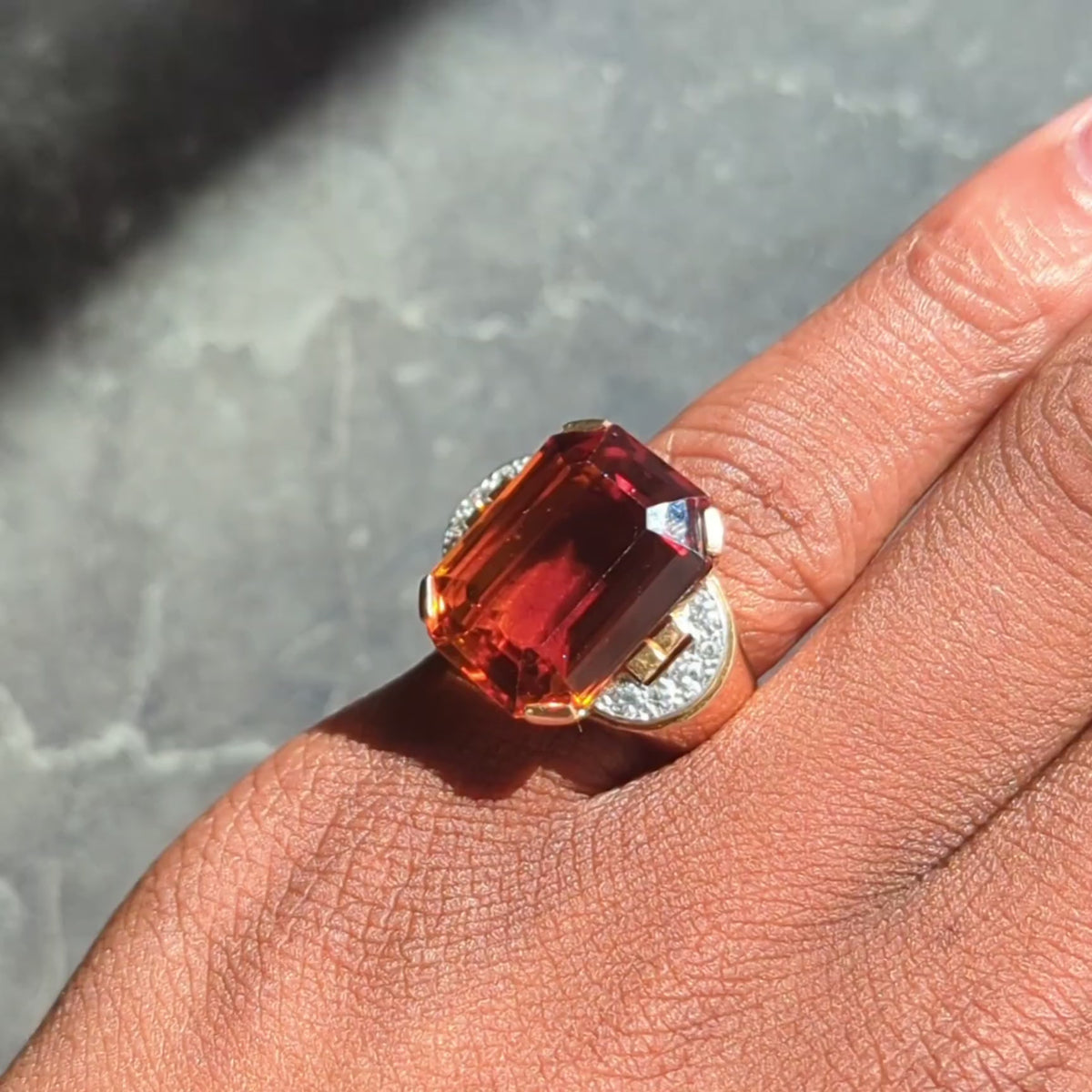 French 1939 Citrine Diamond 18 Karat Rose Gold Platinum Vintage Cocktail Ring