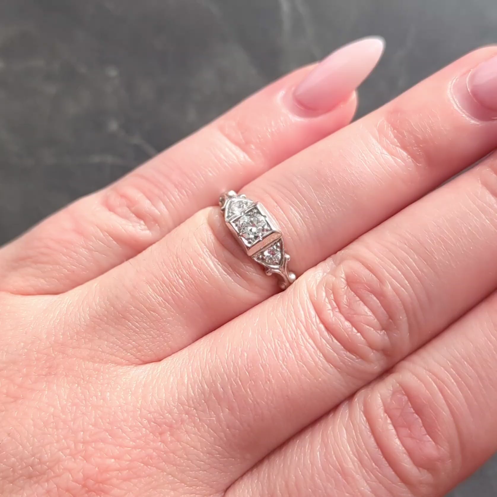 Art Deco European Diamond Platinum Vintage Scrolling Shoulders Engagement Ring