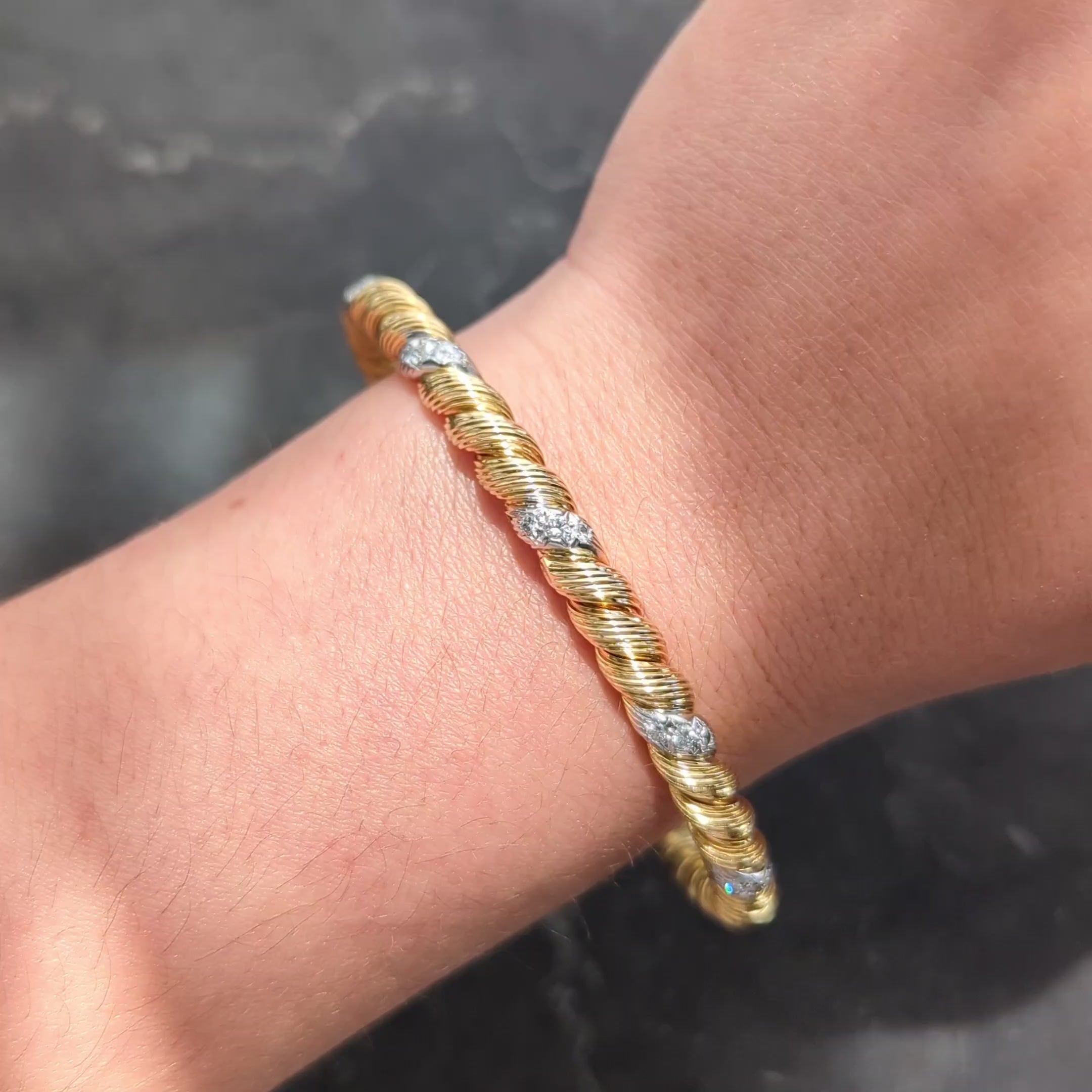 Van Cleef & Arpels Diamond 18K Gold Platinum Vintage Twisted Bangle Bracelet