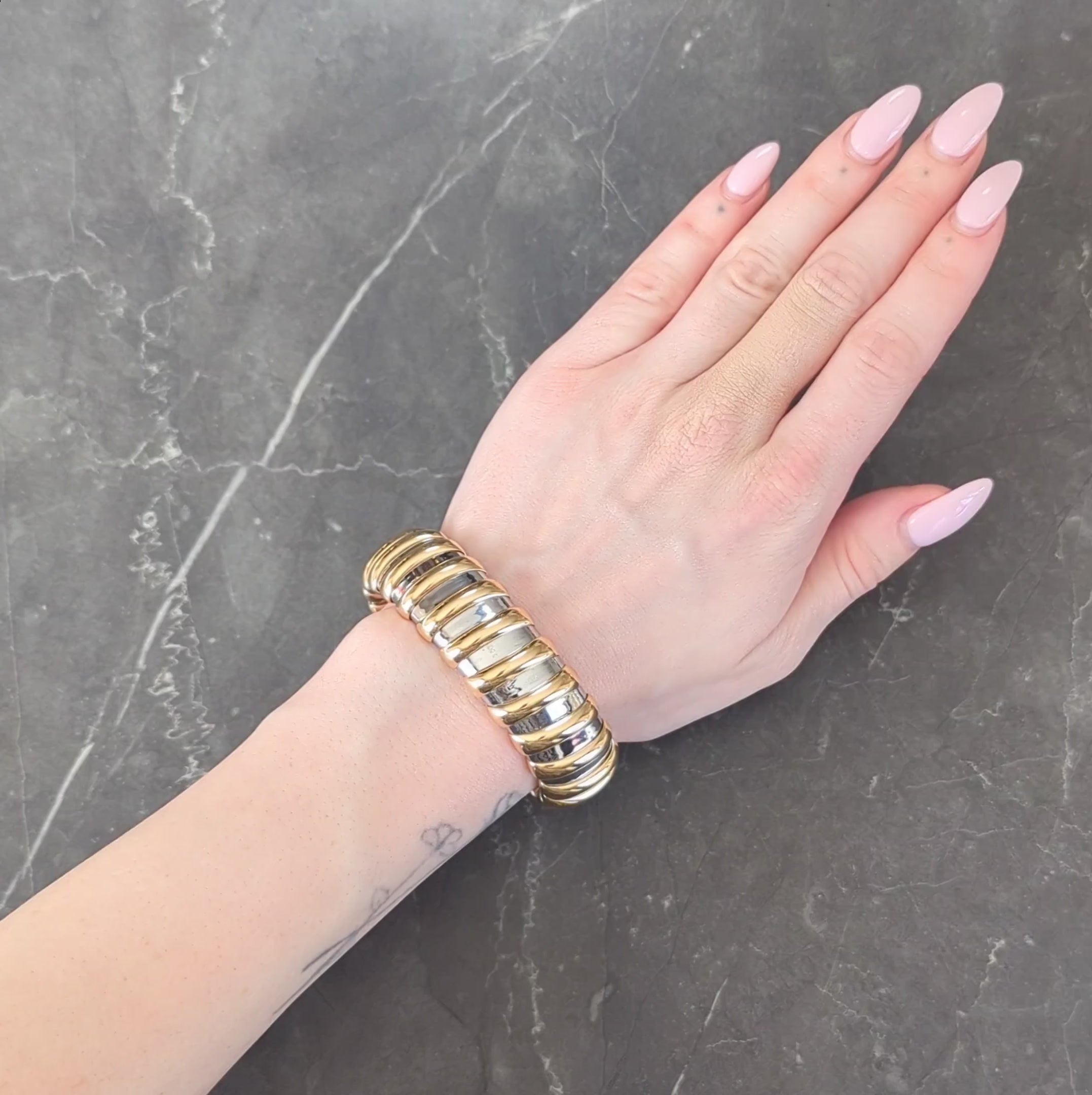 Bulgari 1990s 18 Karat Yellow Gold Stainless Steel Tubogas Vintage Cuff Bracelet