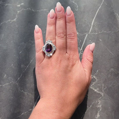 Edwardian 8.15 CTW Amethyst Diamond Platinum 14K Gold Antique Fleur-De-Lis Ring