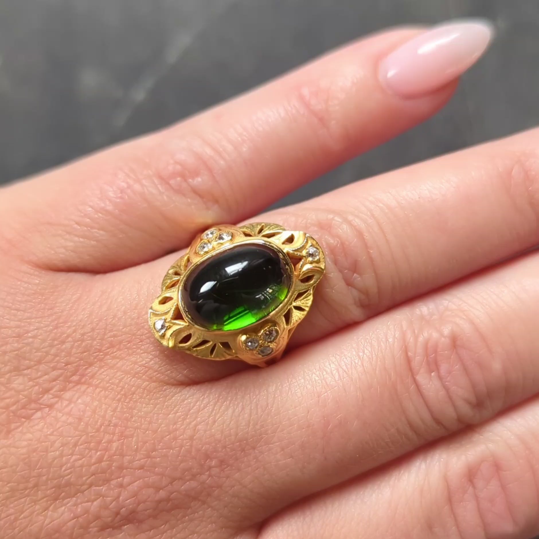 Art Nouveau Tourmaline Diamond 14 Karat Yellow Gold Antique Ginkgo Leaf Ring