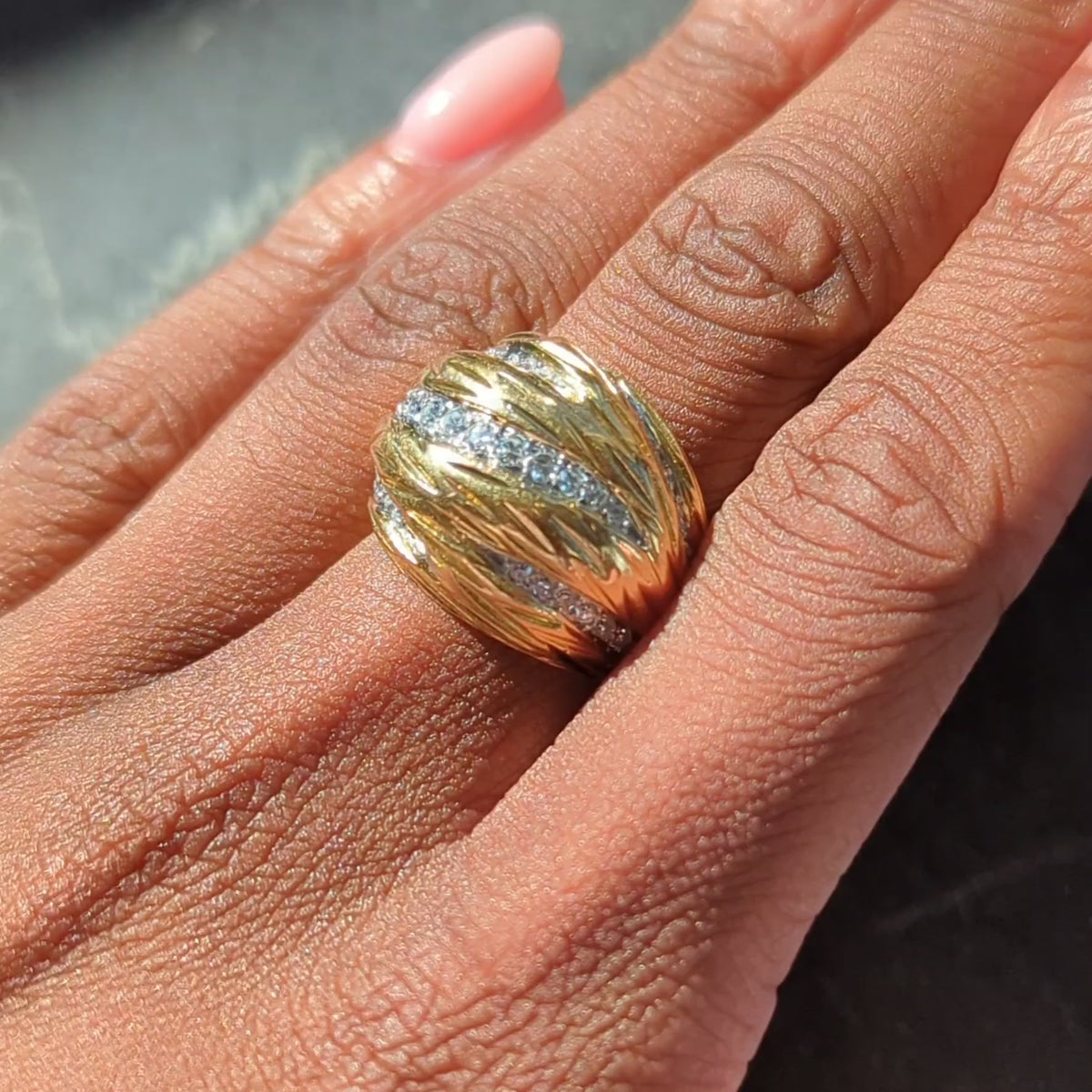 Mauboussin Paris 1960's Diamond 18 Karat Yellow Gold Platinum Vintage Dome Ring