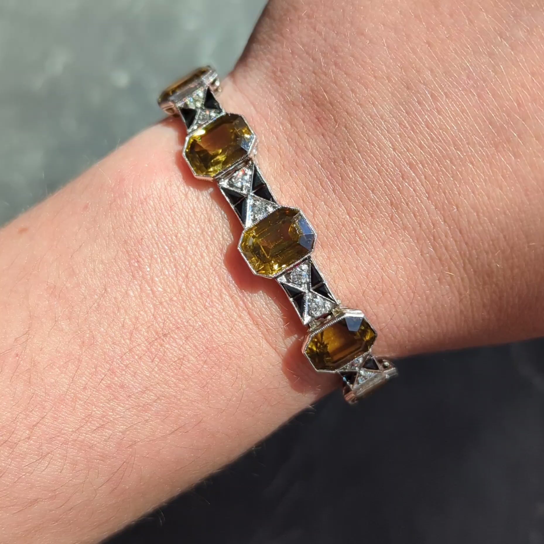 Menner Art Deco Zircon Diamond Onyx Platinum Vintage Geometric Line Bracelet