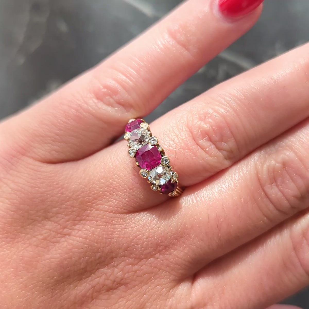 Victorian No Heat Burma Ruby Old Mine Cut Diamond 18K Gold Band Ring GIA