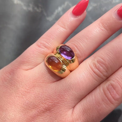 Bulgari 1980's Amethyst Citrine 18 Karat Yellow Gold Vintage Doppio Ring