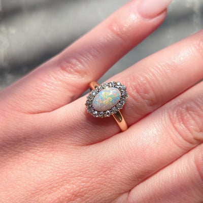 Victorian Diamond Opal 14 Karat Yellow Gold Antique Halo Ring