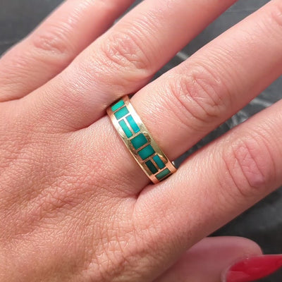 Zuni Sheldon & Nancy Westika 1981 Turquoise 14K Gold Vintage Inlay Band Ring