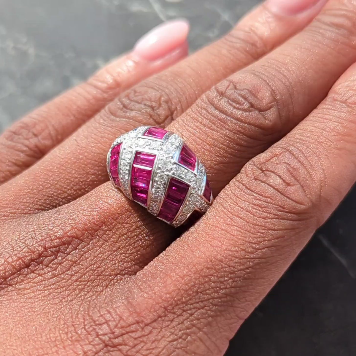 Contemporary 6.36 CTW Ruby Diamond 18 Karat White Gold Dome Weave Ring