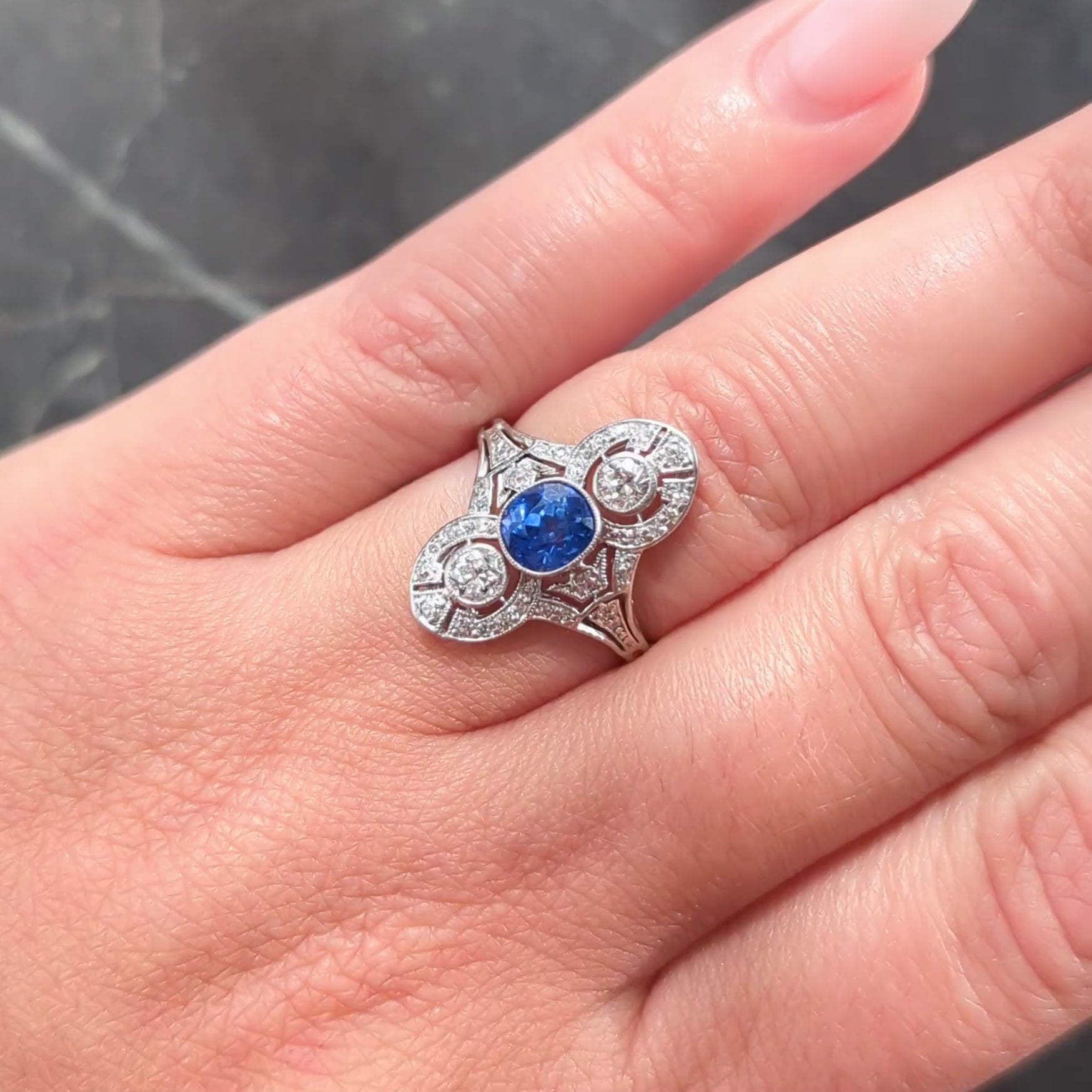 Art Deco 1.70 CTW No Heat Ceylon Sapphire Diamond Vintage Dinner Ring AGL