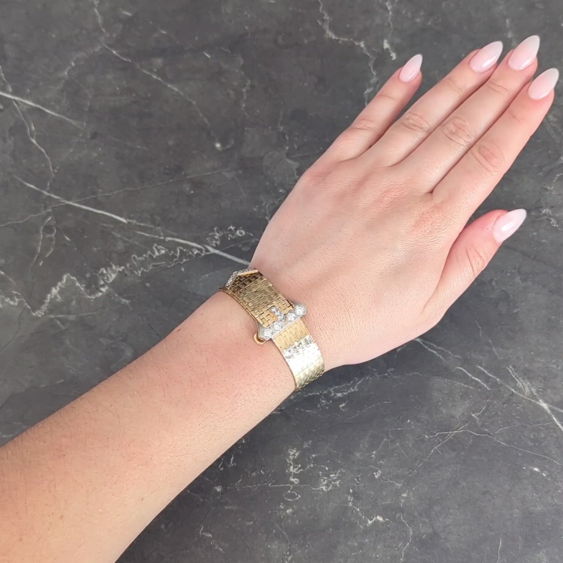 Retro 2.00 CTW Diamond 14 Karat Two-Tone Gold Vintage Mesh Buckle Bracelet